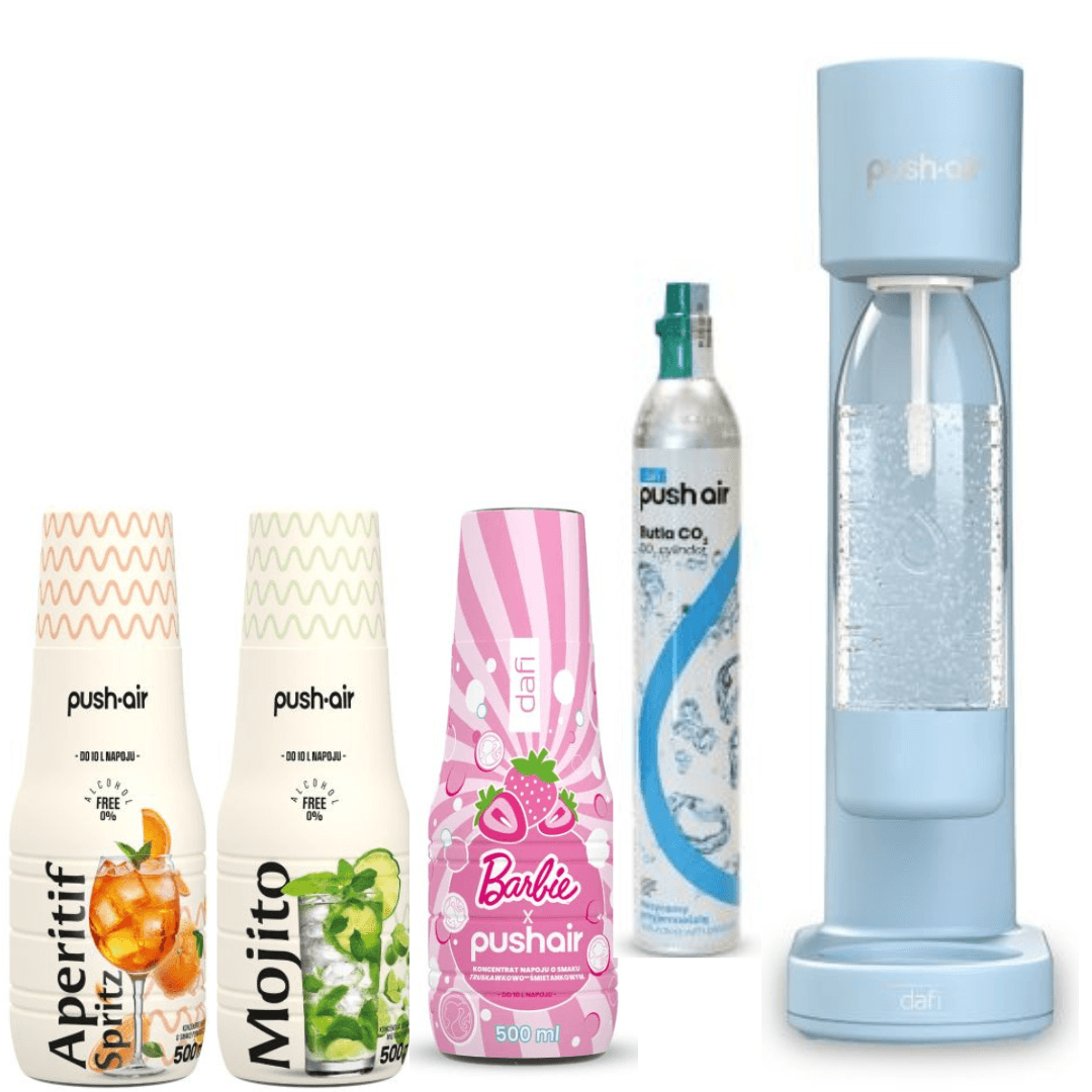 PUSHAIR Dafi výrobník perlivé vody lazur + CO2 kazeta + láhev 0,7 l + 3 sirupy Dafi