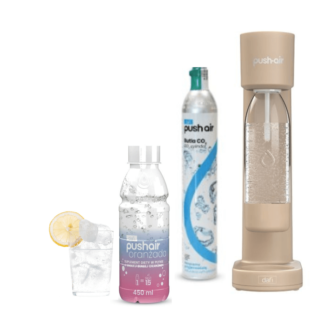 PUSHAIR Dafi nasycovač vody KAPUČÍNO + CO2 kazeta + láhev 0,7 l + bílá pomerančová limonáda 450 ml sirup