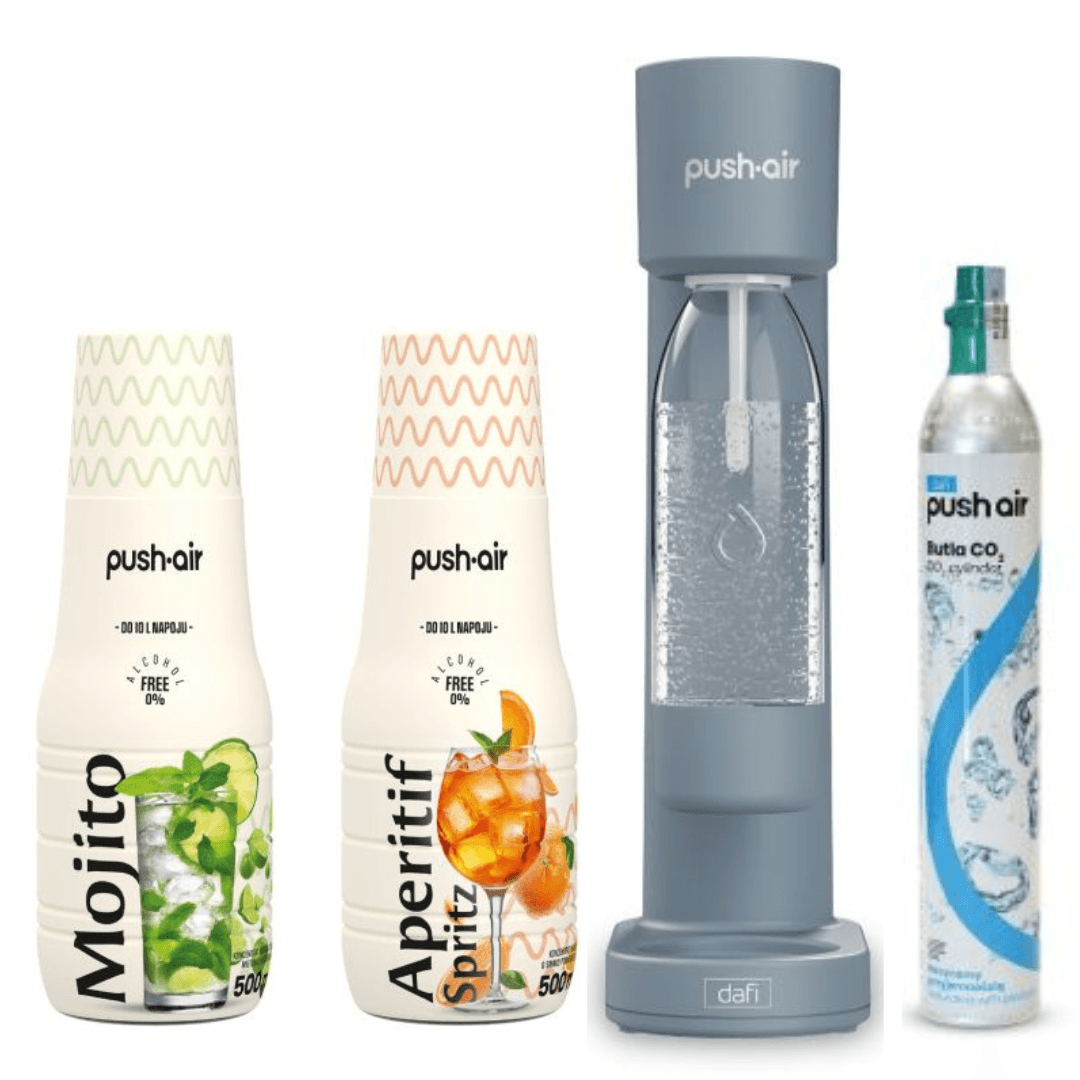 PUSHAIR Dafi nasycovač vody ocelový + CO kazeta + láhev 0,7 l + 2 sirupy