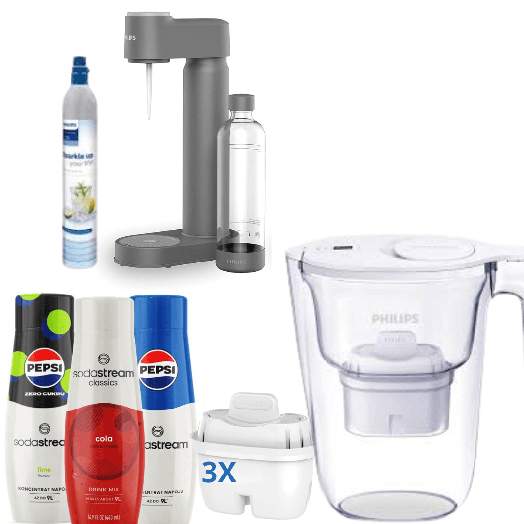 Philips Lite Soda Maker s CO2 bombičkou, šedý + 3 sirupy + Philips vodní filtr, bílý