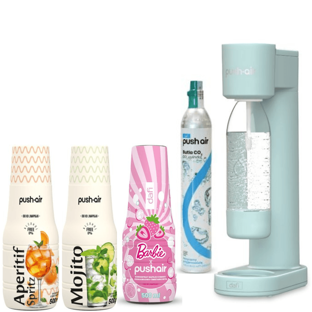 PUSHAIR Dafi výrobník perlivé vody mátový sifon + CO2 kazeta + láhev 0,7 l + 3 sirupy Dafi