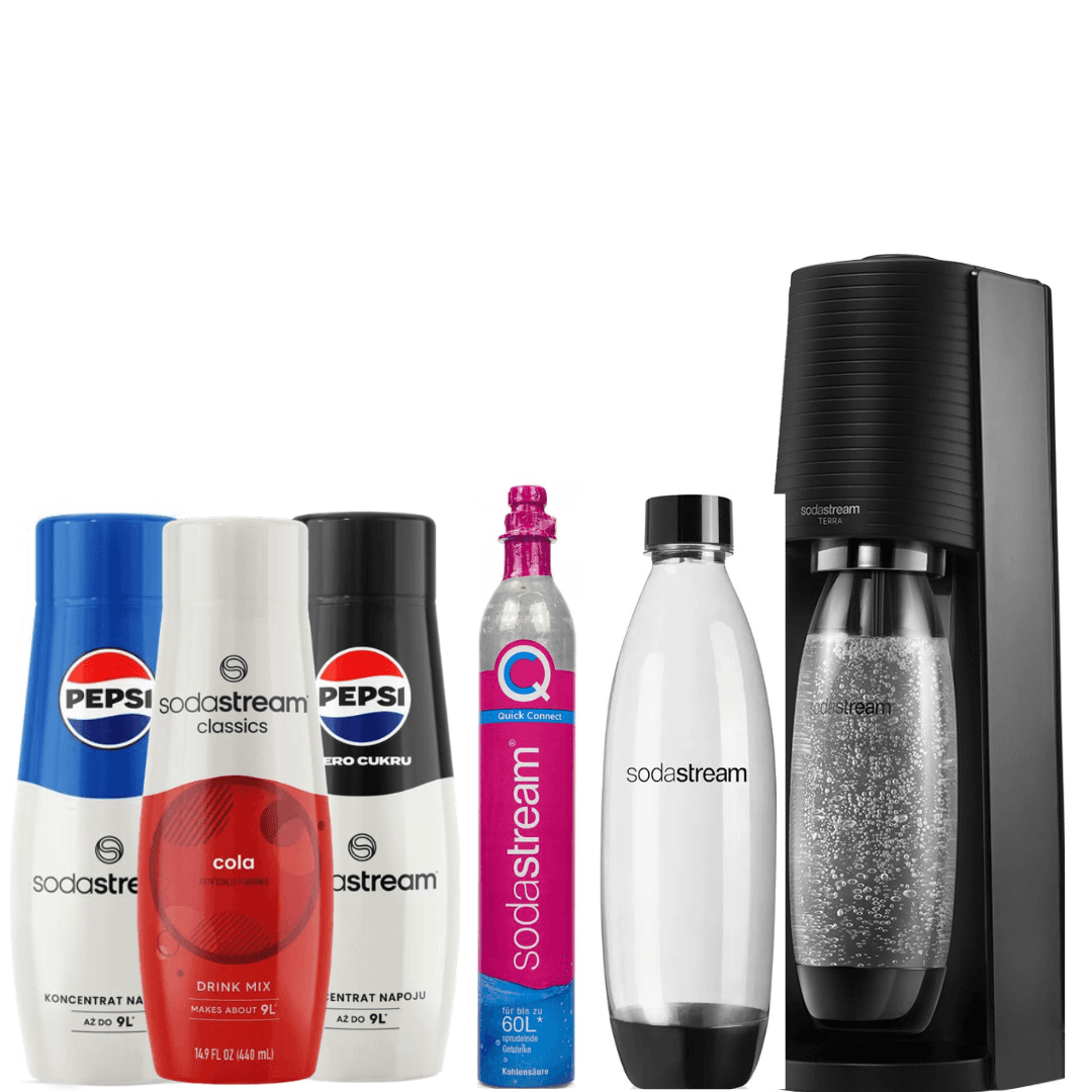 Sada SodaStream Saturátor Terra Černý + 2 Láhve Fuse 1L + 3 X Sirup