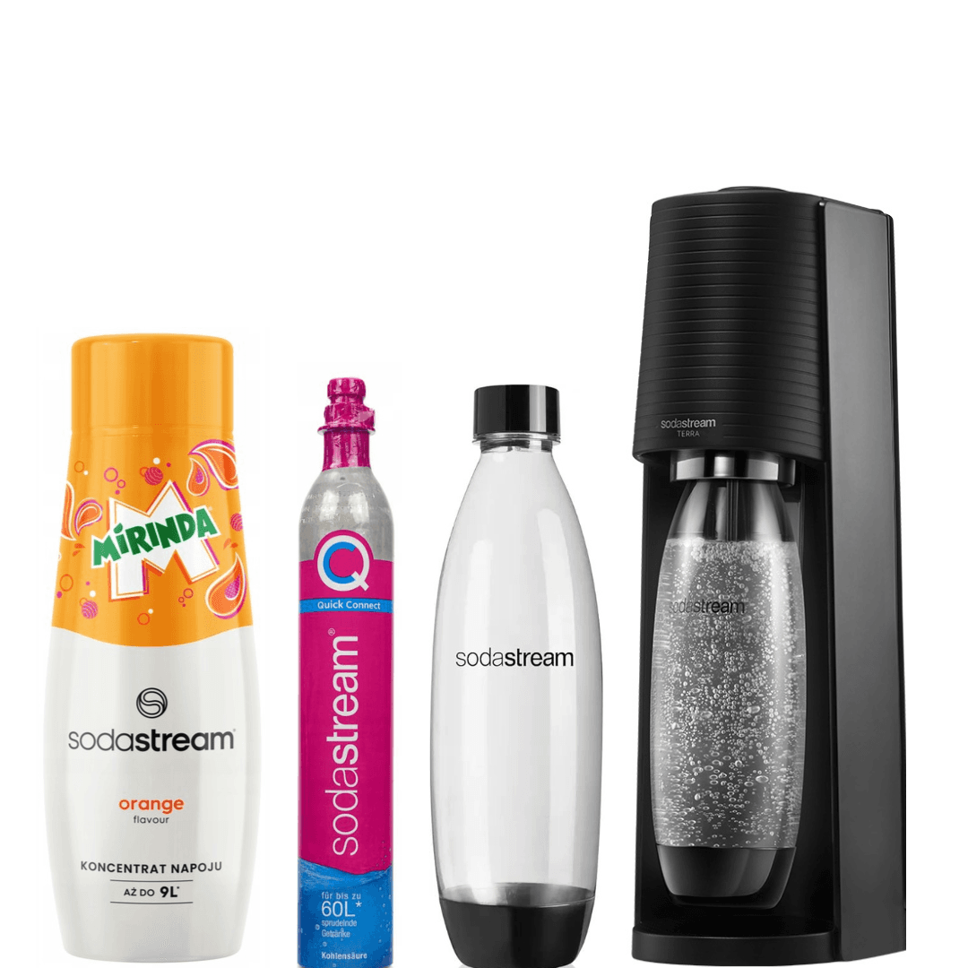 Sada SodaStream Saturátor Terra Černá + 2 Láhve Fuse 1L + Sirup MIRINDA