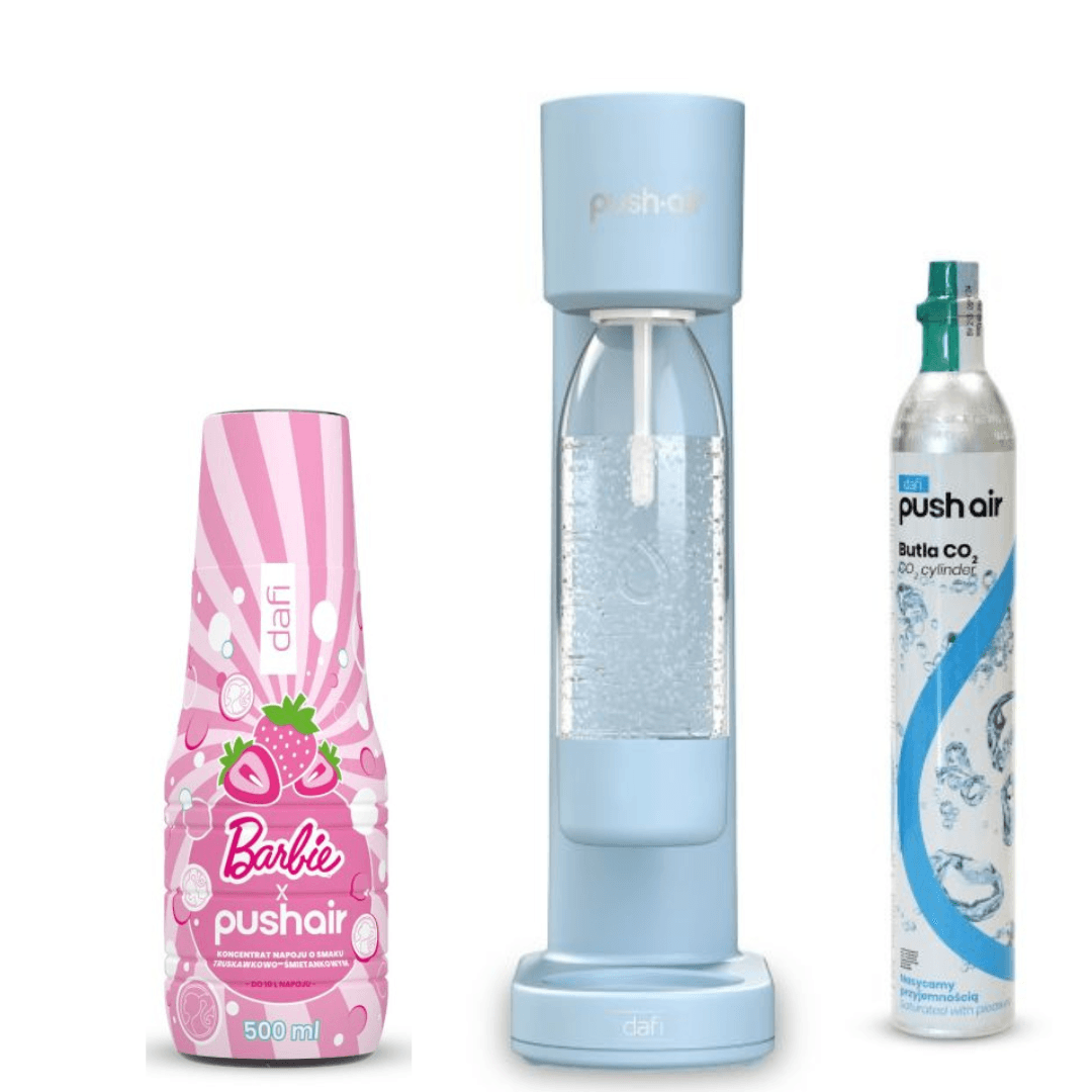 PUSHAIR Dafi saturátor na vodu Lazur + CO kazeta + láhev 0,7 l + PUSHAIR BARBIE Sirup na vodu 500 ml