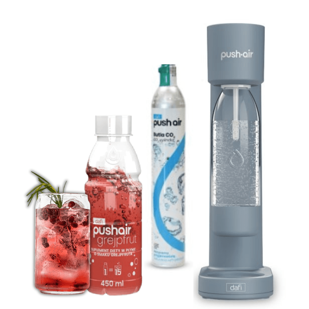 PUSHAIR Dafi nasycovač vody ocel + CO2 bombička + láhev 0,7 l + grapefruitový sirup 450 ml