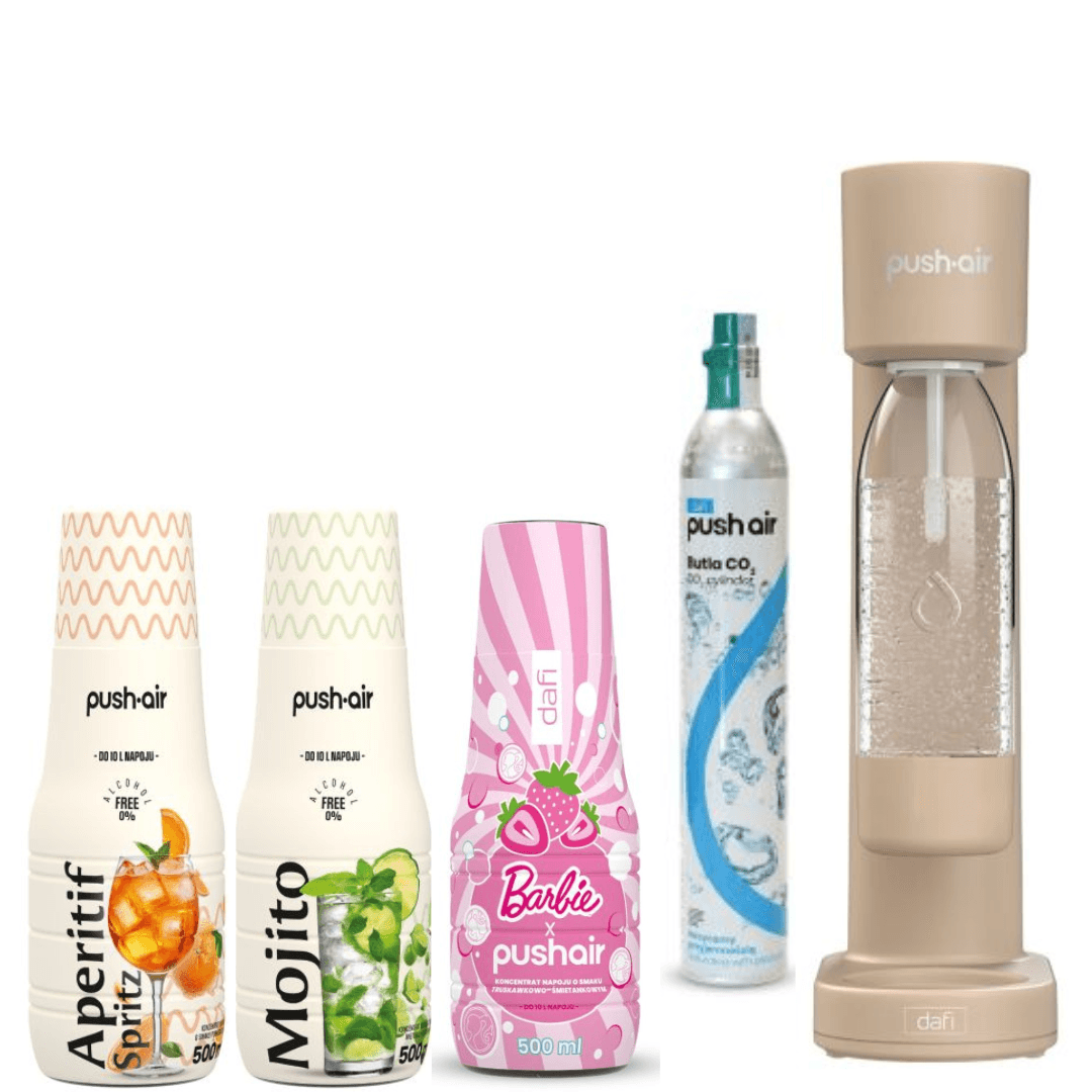 PUSHAIR Dafi Cappuccino výrobník perlivé vody + CO2 bombička + láhev 0,7 l + 3 sirupy Dafi