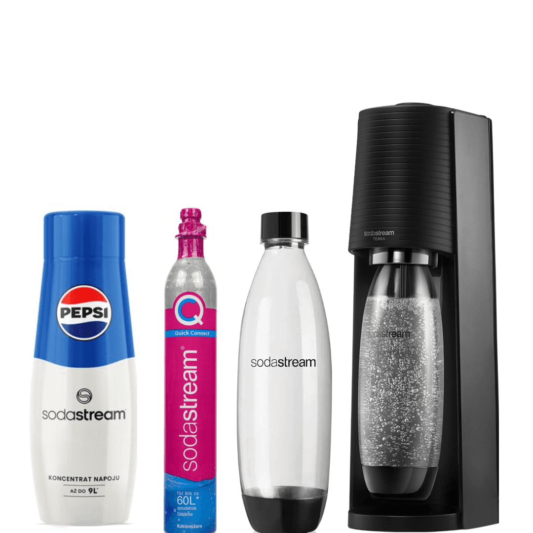 Sada SodaStream Saturátor Terra Černá + 2 Láhve Fuse 1L + Sirup PEPSI