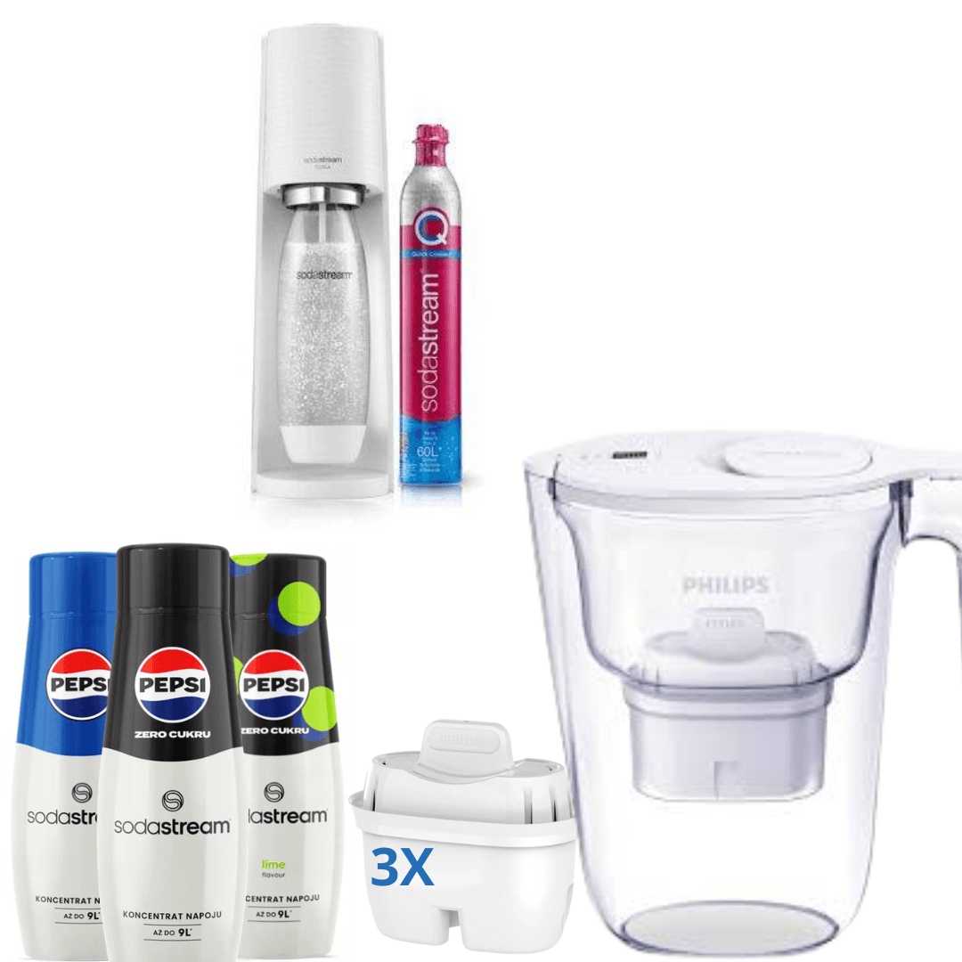 Saturátor Terra White + 3 x Sirupy + Philips filtrační konvice na vodu, 2,6 L, s časovačem