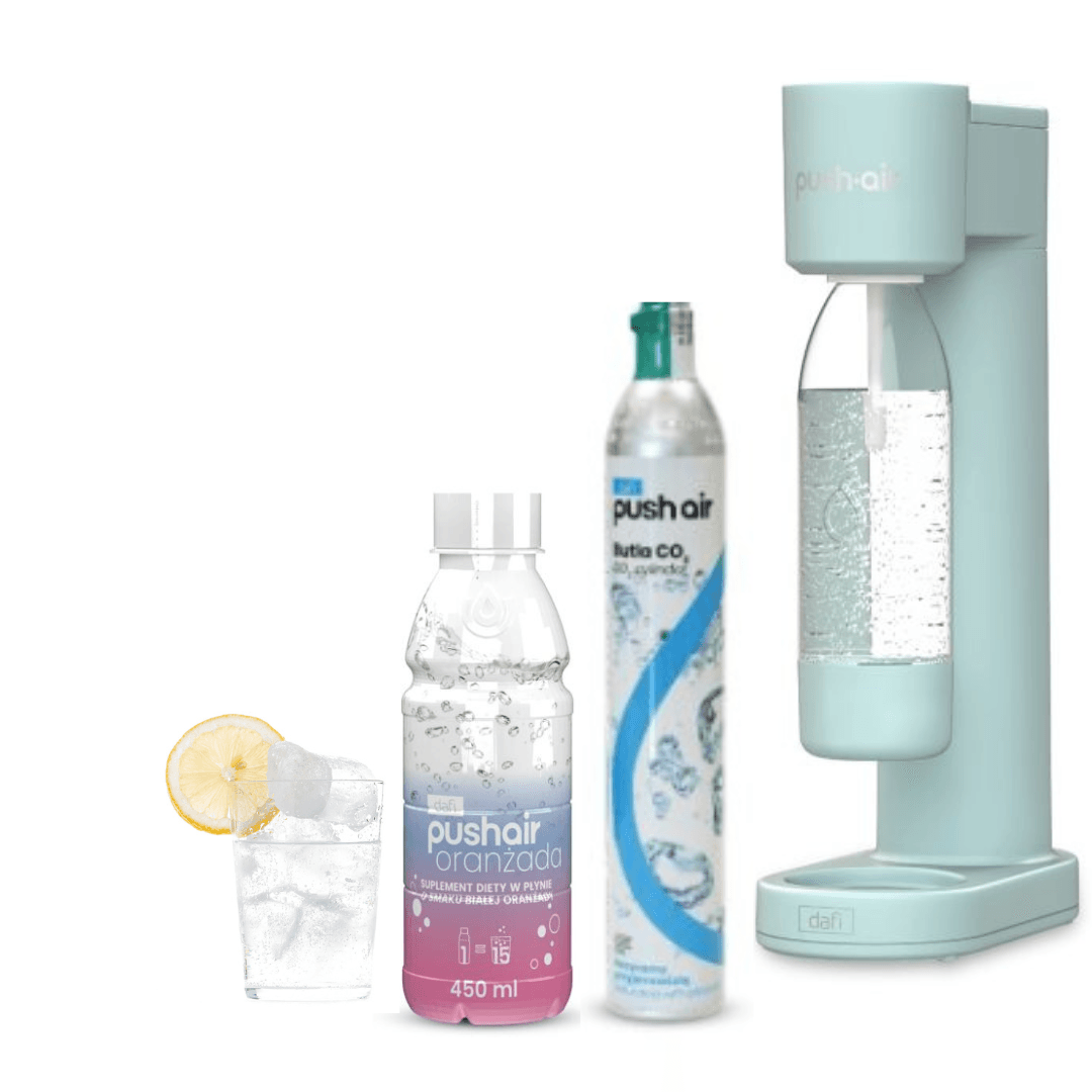 PUSHAIR Dafi saturátor na vodu MÁTOVÝ + CO2 kartuše + 0,7 l lahev + sirup bílá pomerančová limonáda 450 ml