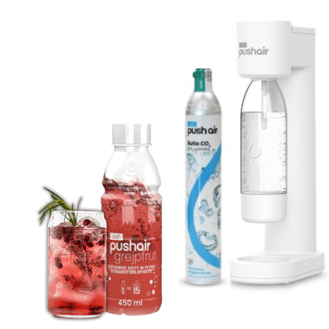 PUSHAIR Dafi saturátor na vodu BÍLÝ + CO2 kartuše + 0,7l lahev + grapefruitový sirup 450 ml