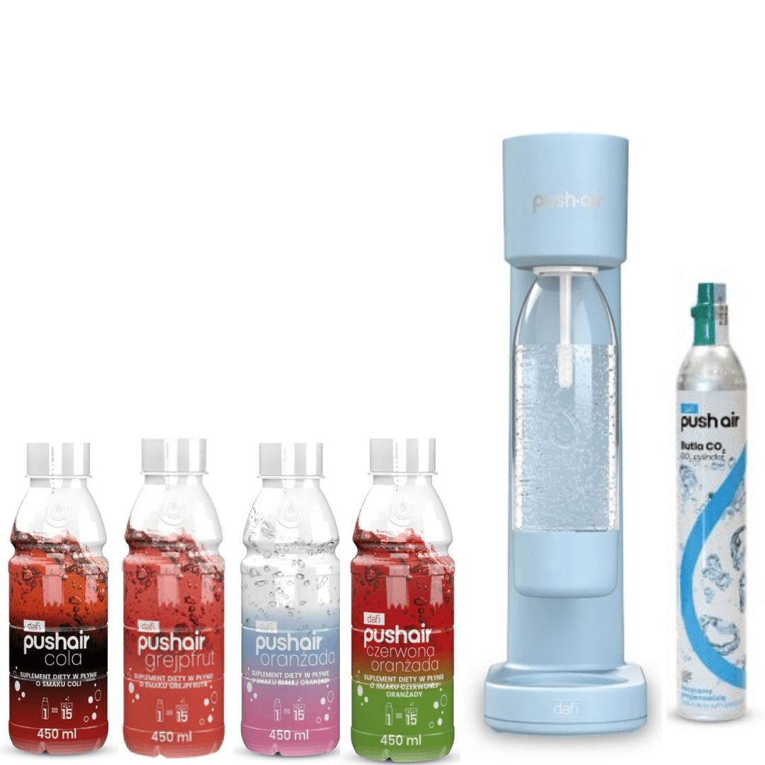 PUSHAIR Dafi vodní saturátor lazur + CO2 kartuše + láhev 0,7 l + 4 x sirupy