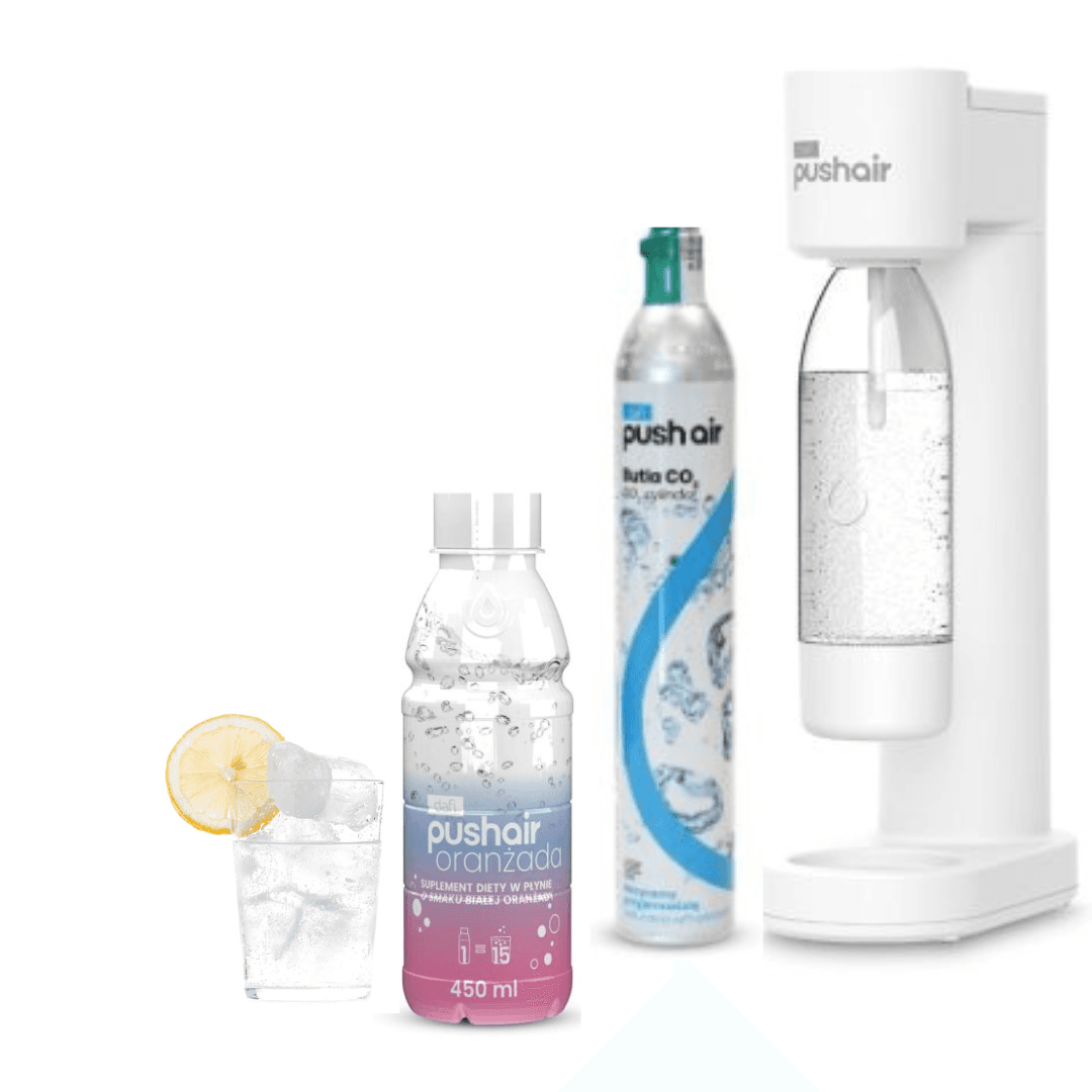 PUSHAIR Dafi saturátor vody BÍLÝ + CO2 kartuše + 0,7 l láhev + sirup bílá pomerančová soda 450 ml