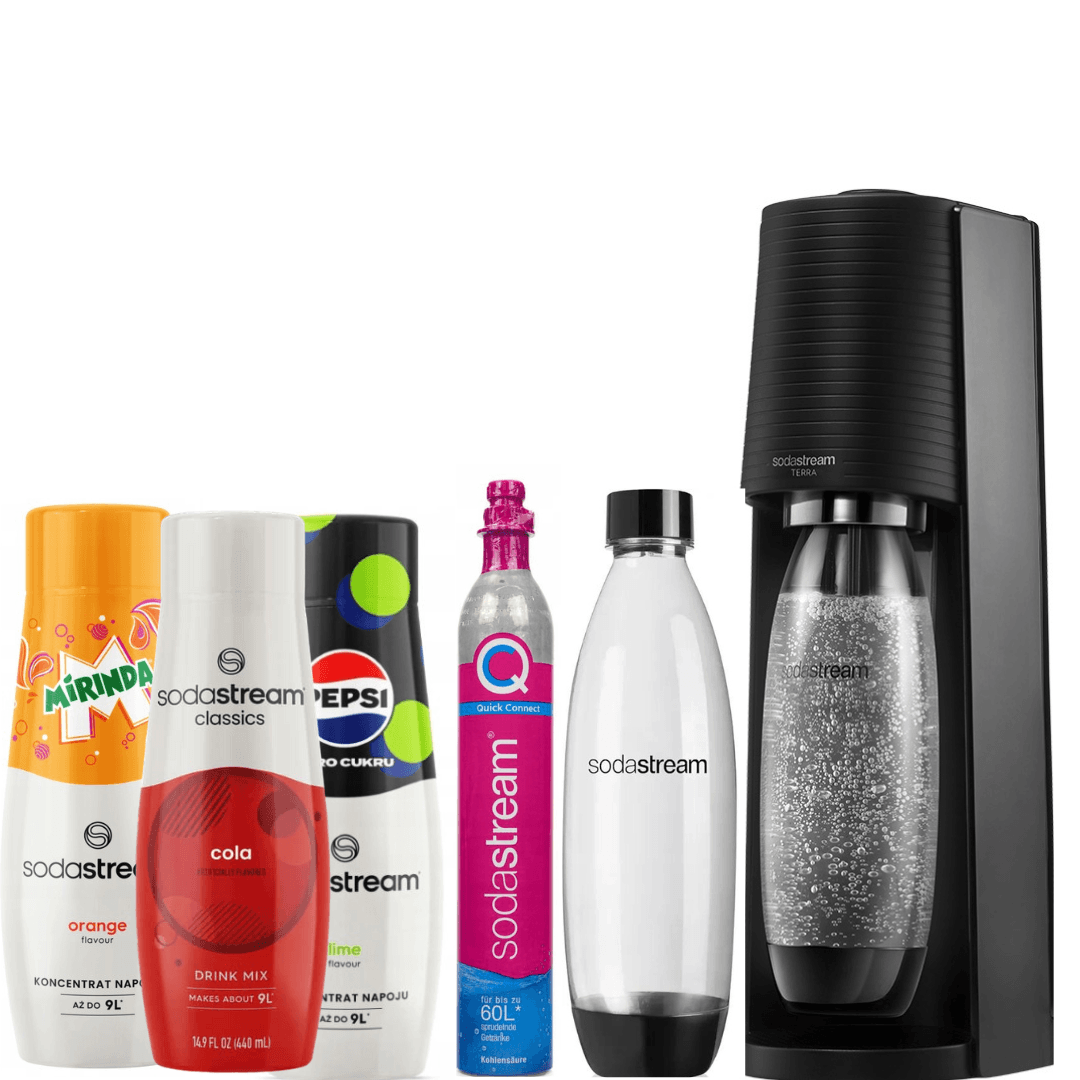 Sada Saturátor Terra Černý + 2 Láhve Fuse 1L + 3x Sirupy