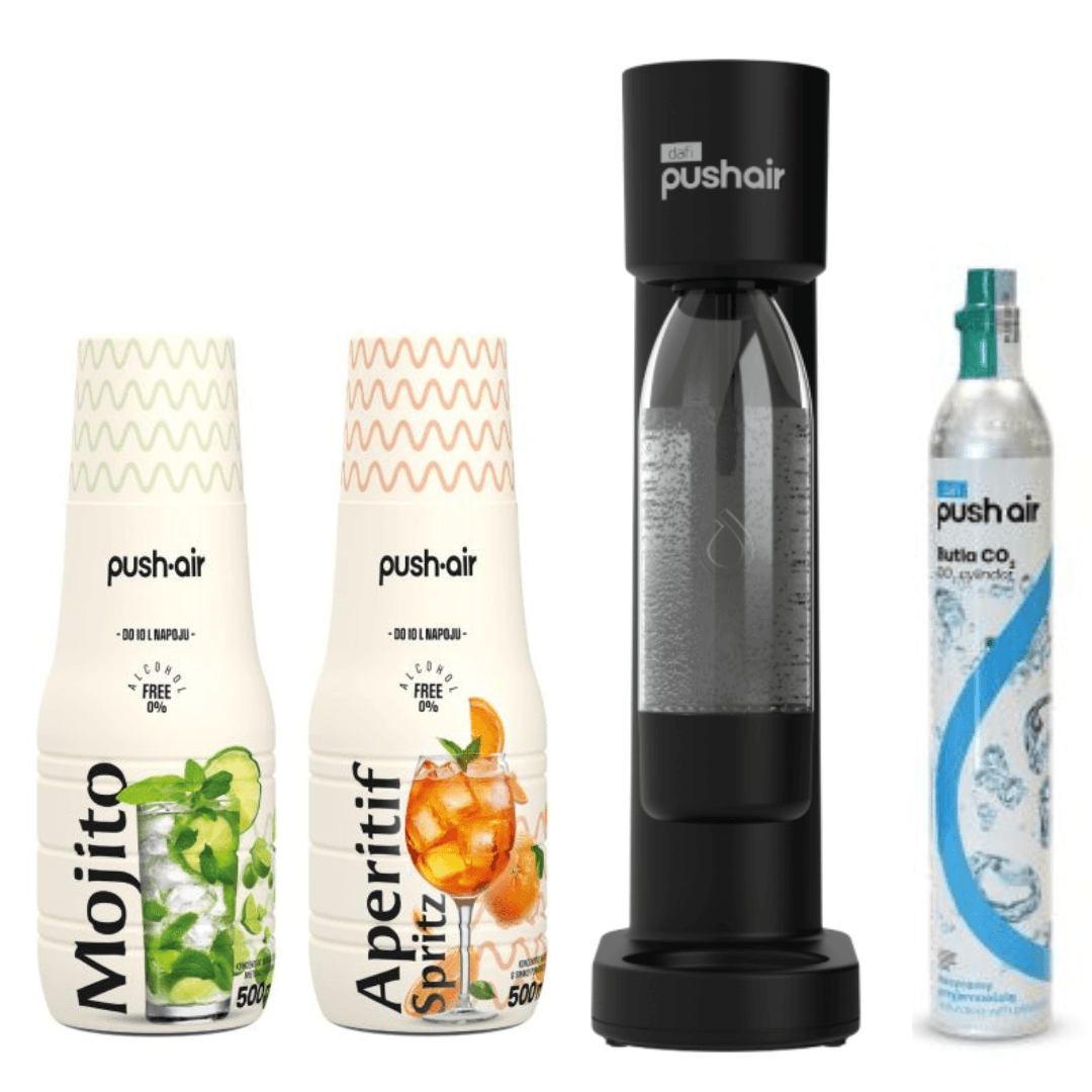 Dafi PUSHAIR vodní saturátor černý sifon + CO2 kartuše + 0,7 láhev + 2 sirupy