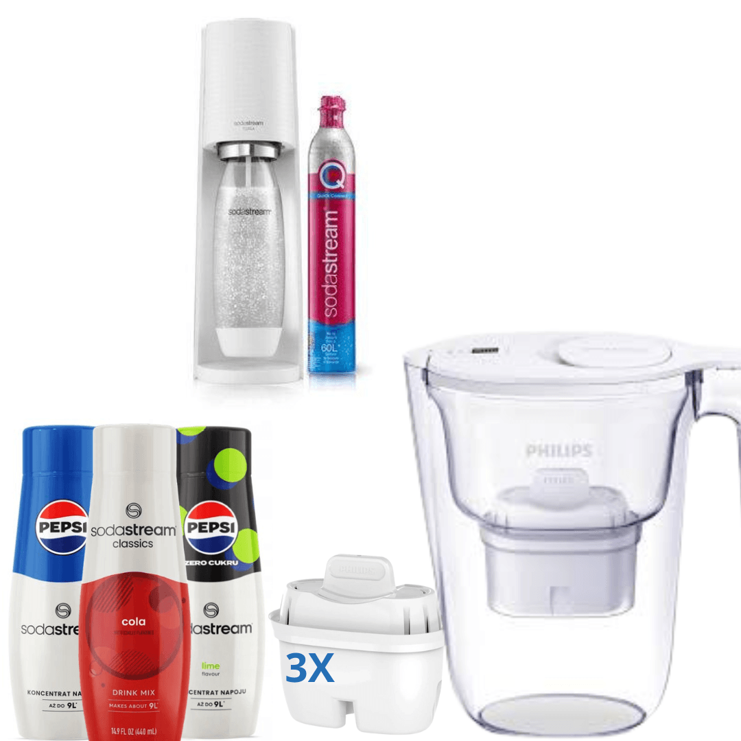 Výrobník sody Terra White + 3 sirupy + filtrační džbán Philips, 2,6 L