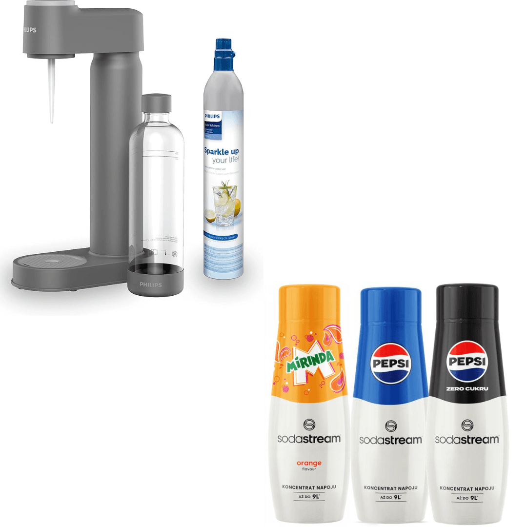 3 x sirupy+Philips Lite výrobník perlivé vody, s CO2 bombičkou, šedý