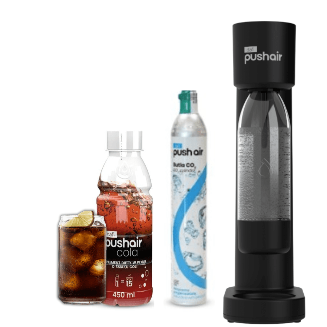 PUSHAIR Dafi nasycovač vody ČERNÝ + CO2 kazeta + 0,7 l lahev + sirup Cola 450 ml
