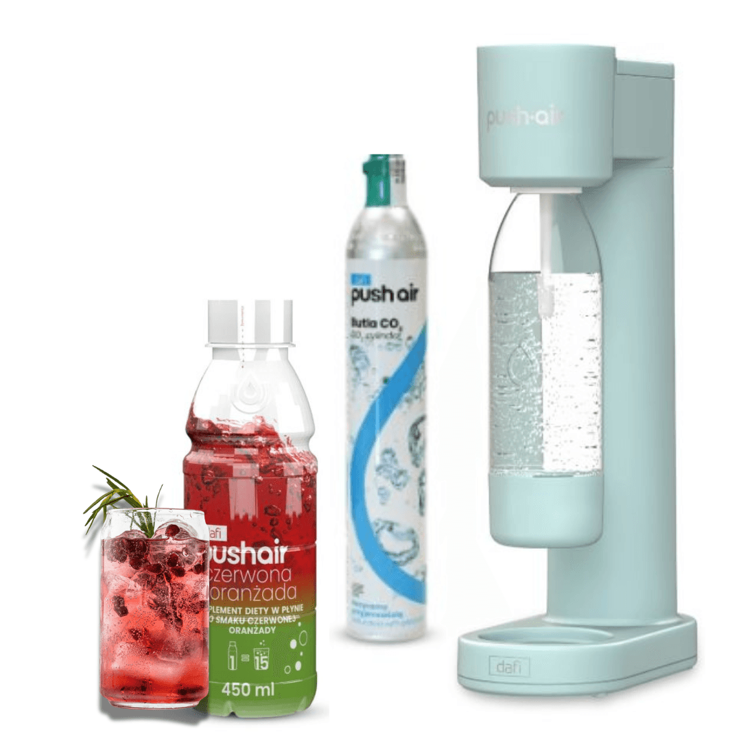PUSHAIR Dafi vodní saturátor MINT + CO2 kazeta + láhev 0,7 l + sirup červená oranžáda 450 ml