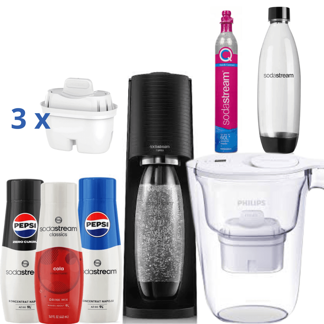 Filtrační konvice na vodu 2,6L Bílá + 3 Sirupy + Saturátor SodaStream