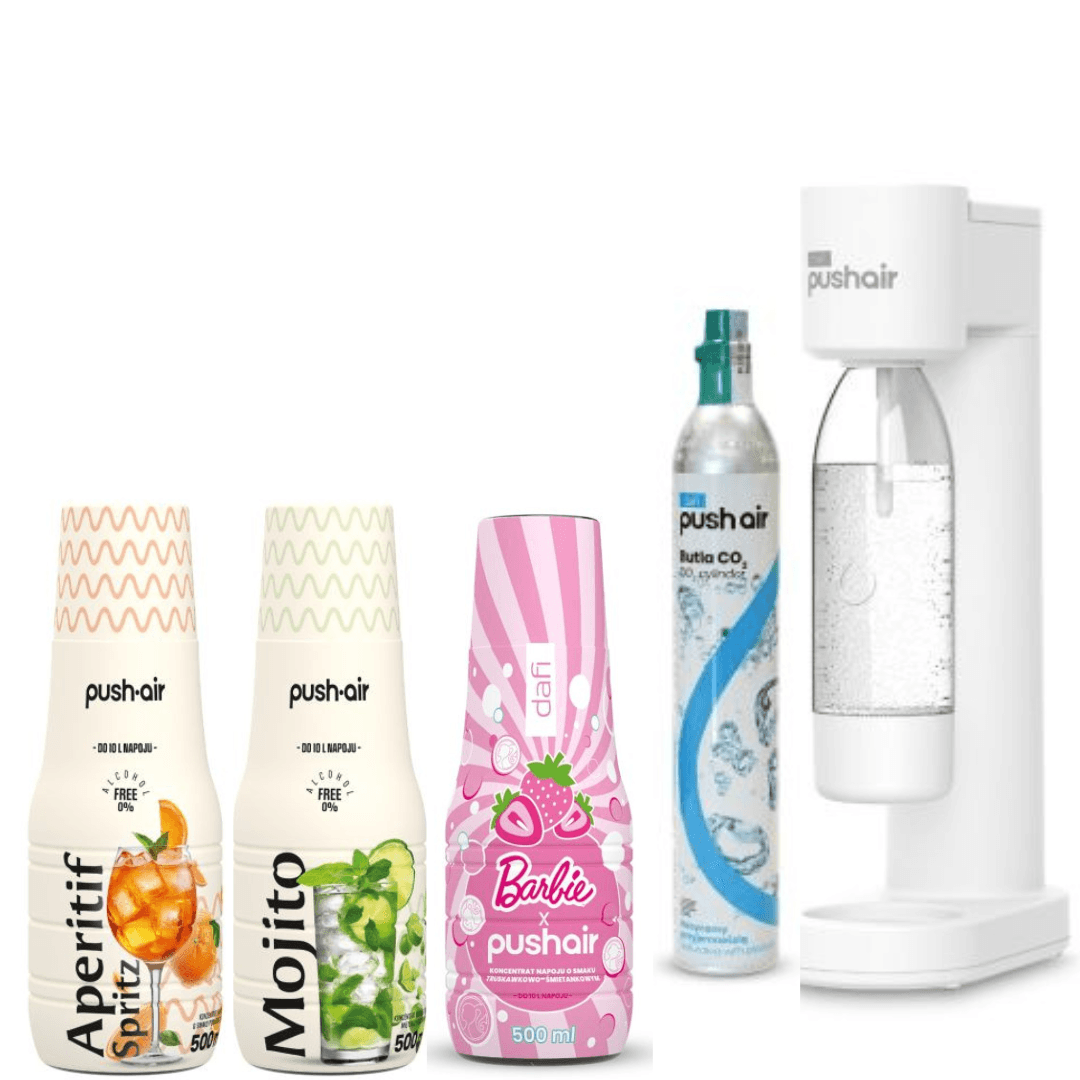 Dafi PUSHAIR saturátor vody bílý sifon + CO2 kartuše + 0,7 láhev + 3 sirupy Dafi