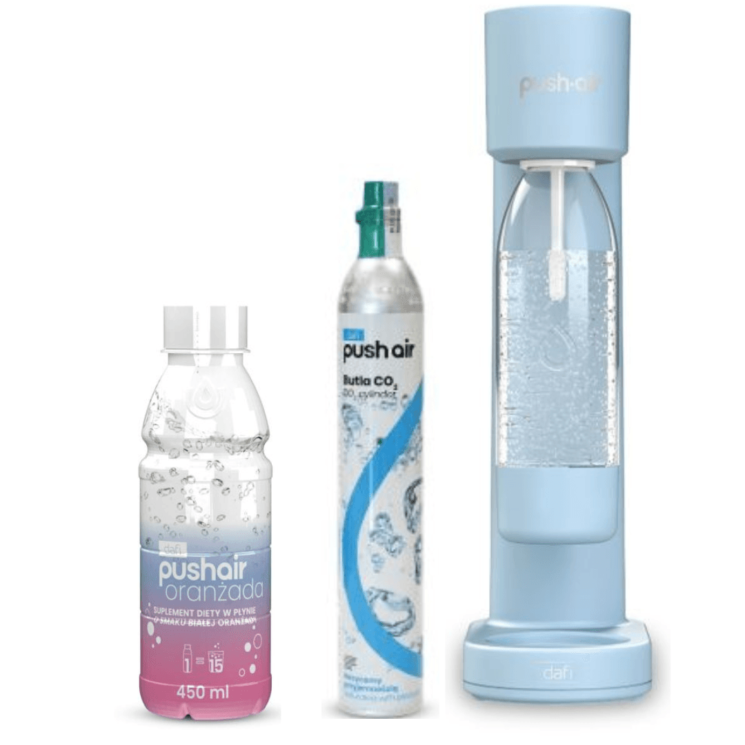 PUSHAIR Dafi saturátor vody v lazurové barvě + CO2 kartuše + láhev 0,7 l + sirup bílá oranžáda 450 ml