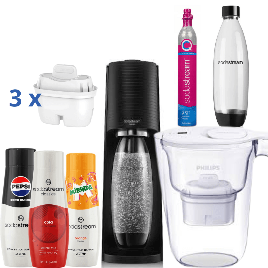 Saturátor SodaStream+Filtrační konvice Philips na vodu + 3 Sirupy