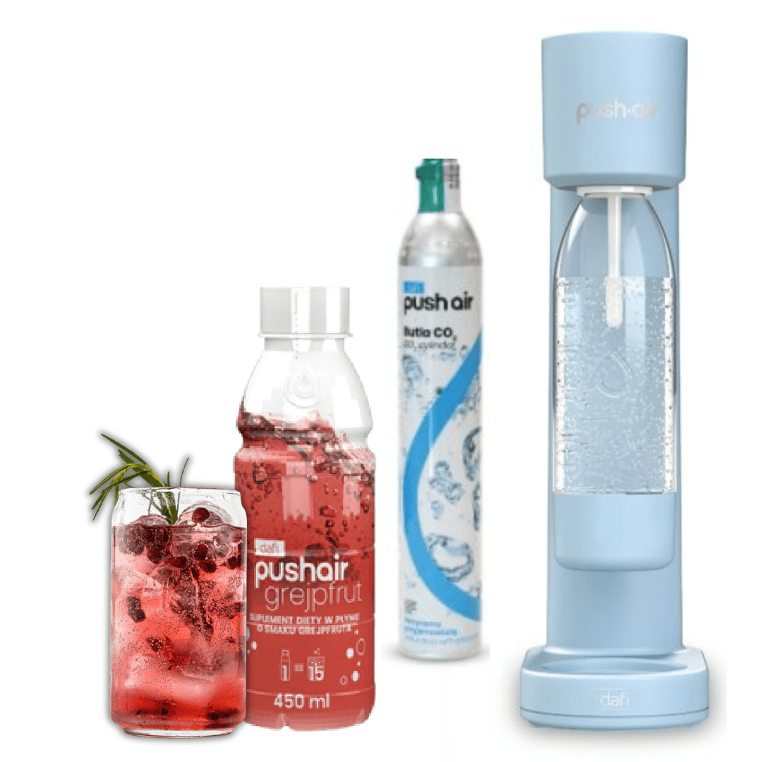 PUSHAIR Dafi saturátor vody LAZUR + CO2 kazeta + láhev 0,7 l + grapefruitový sirup 450 ml