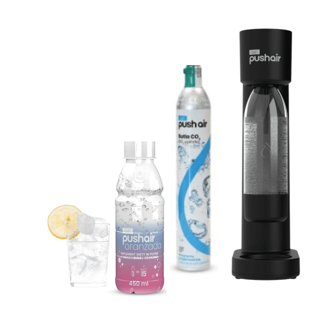 PUSHAIR Dafi nasycovač vody černý + CO2 kartuše + láhev 0,7 l + sirup bílá pomerančová limonáda 450 ml