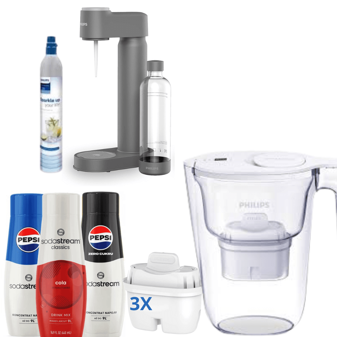 Philips Lite Soda Maker s CO2 bombičkou, šedý + 3 sirupy + Philips vodní filtr, 2,6 l