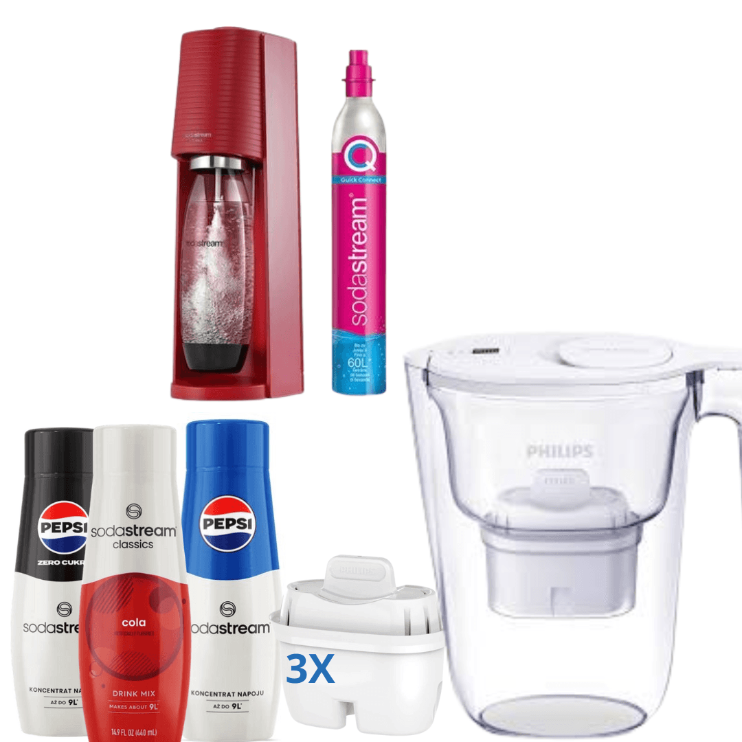 Saturátor Terra Červený + 3 x Sirupy + Philips filtrační konvice na vodu, 2,6 L