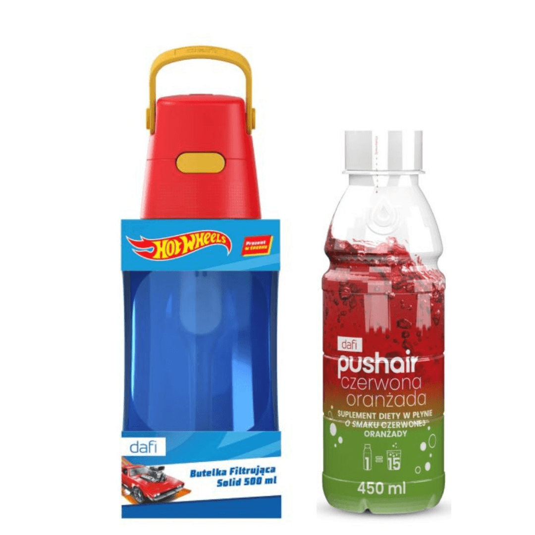 Dafi SOLID HOT WHEELS Filter Bottle 0.5 L + Red Orangeade Syrup