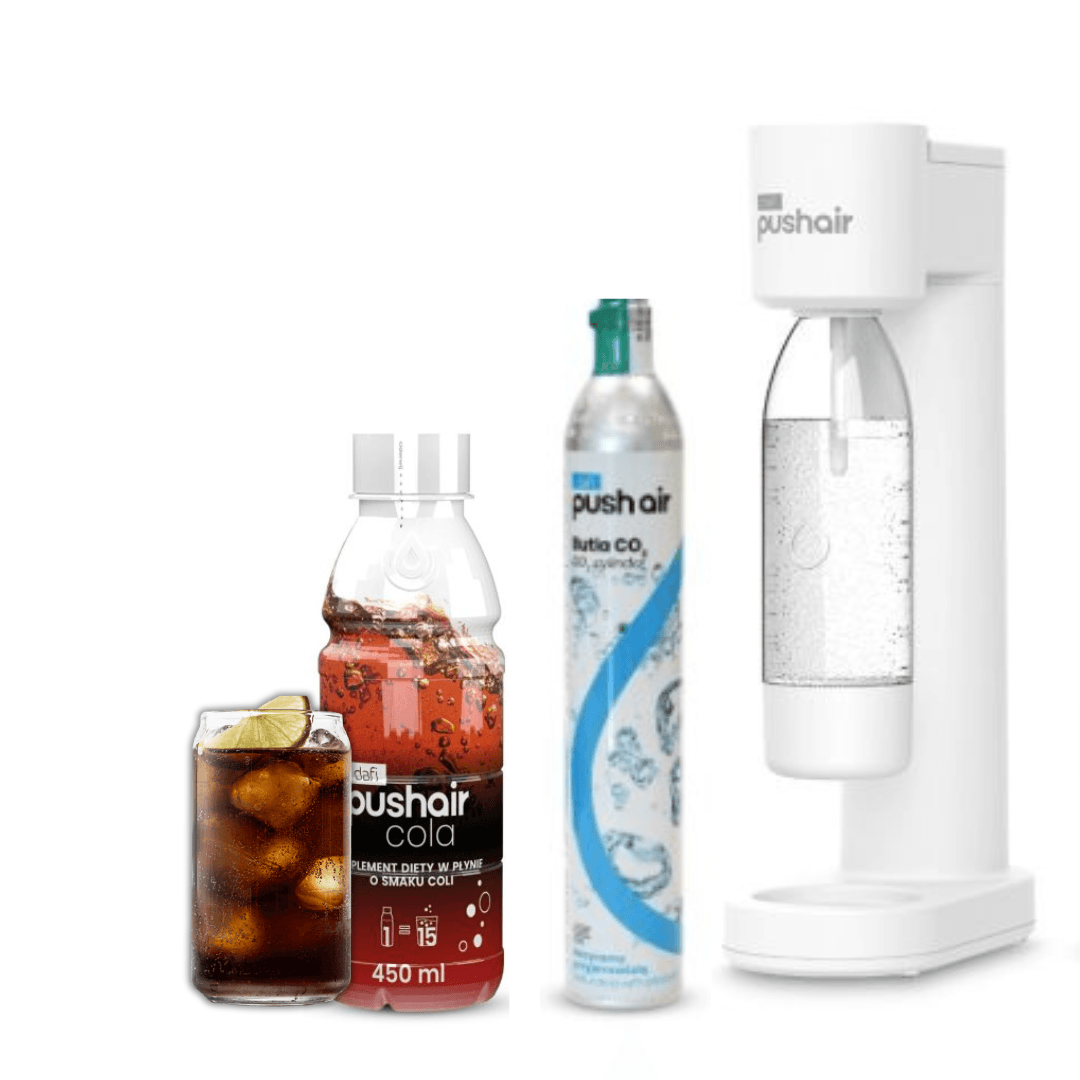 PUSHAIR Dafi saturátor vody bílý + CO2 kazeta + láhev 0,7 l + sirup Cola 450 ml