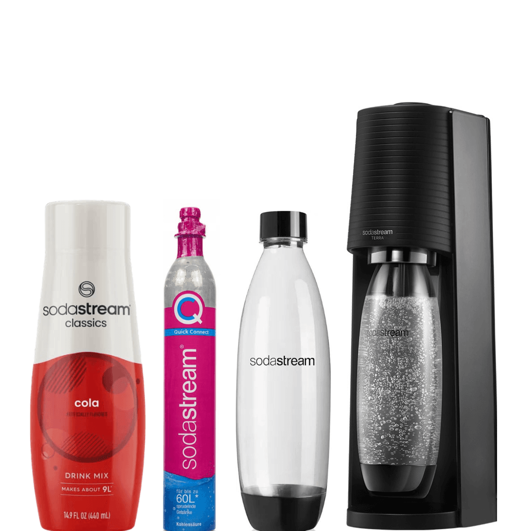 Sada SodaStream Saturátor Terra Černá + 2 Láhve Fuse 1L + Sirup Cola