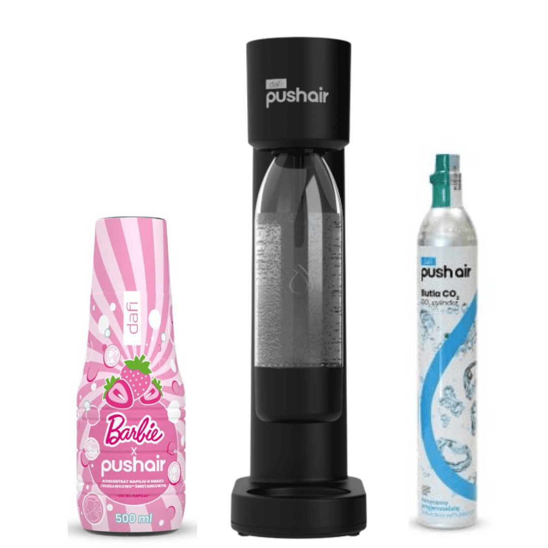 Dafi PUSHAIR saturátor na vodu černý sifon + CO kartuše + 0,7 l láhev + PUSHAIR BARBIE sirup na vodu 500 ml