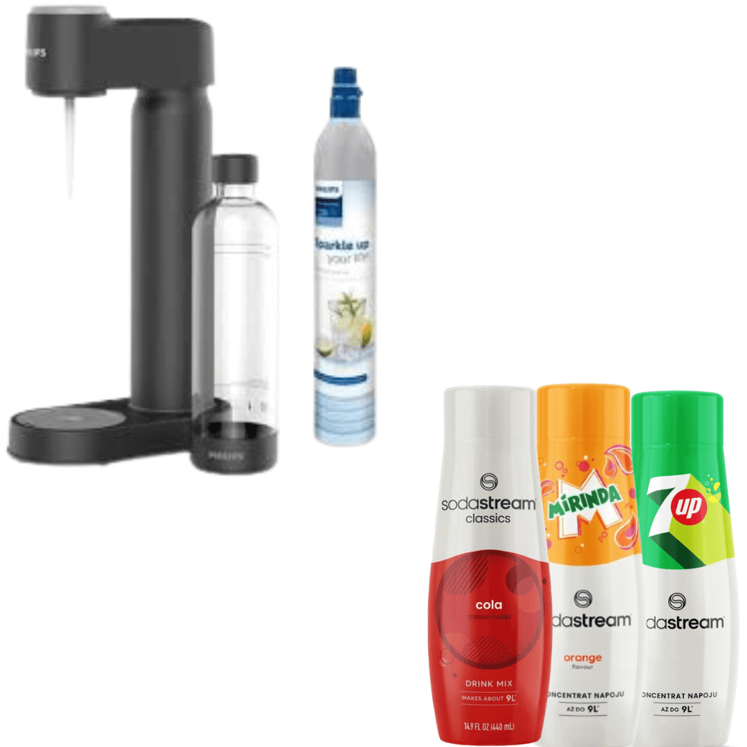 Philips výrobník sody, s CO2 kazetou, černý (ADD4901BK Lite) + SodaStream 3 x sirupy