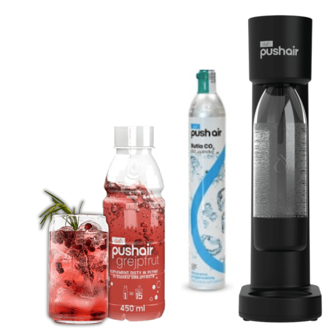 PUSHAIR Dafi saturátor vody černý + CO2 kartuše + láhev 0,7 l + sirup grapefruit 450 ml