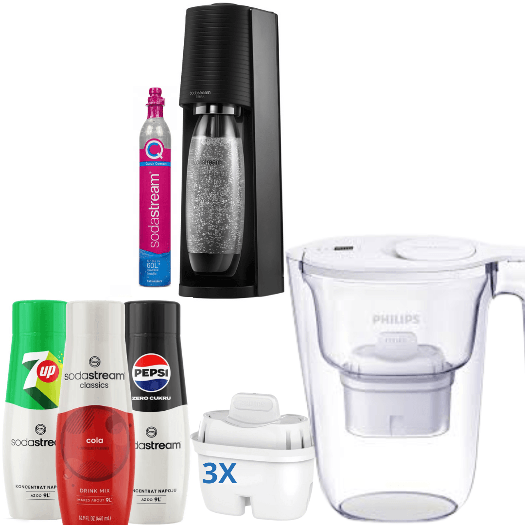 GAIA Černý výrobník sody + 3x Sirupy + Filtrační konvice Philips na vodu