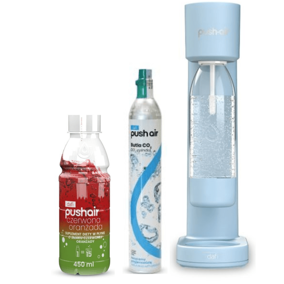 PUSHAIR Dafi výrobník vody azurový + CO2 kazeta + láhev 0,7 l + sirup červená oranžáda 450 ml