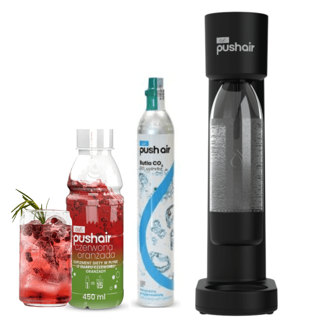 PUSHAIR Dafi výrobník vody černý + CO2 kazeta + láhev 0,7 l + sirup červená oranžáda 450 ml