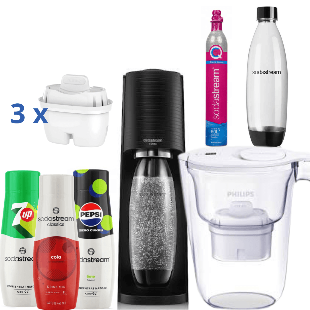 3 Sirupy + Filtrační konvice na vodu 2,6L Bílá + Saturátor SodaStream