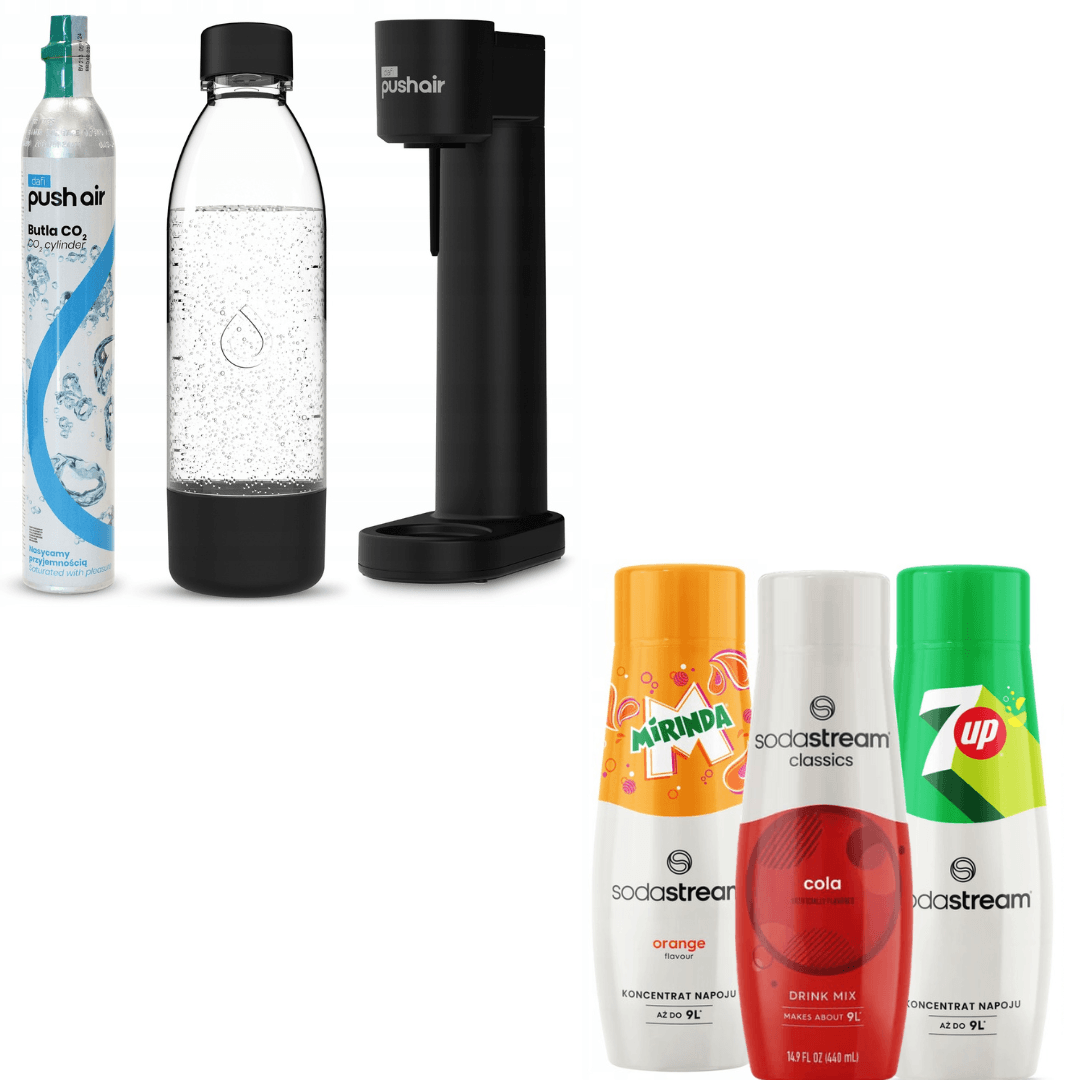 Dafi PUSHAIR sýtič vody čierny sifón + CO2 bombička + fľaša 0,7 l + 3 x koncentrát