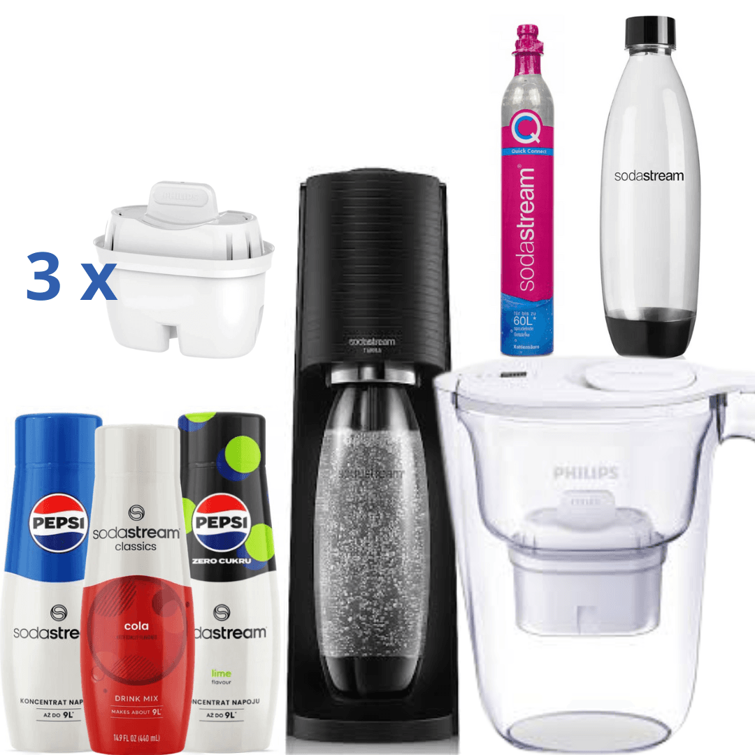 Saturátor SodaStream+ Filtrační konvice na vodu 2,6L Bílá + 3 Sirupy