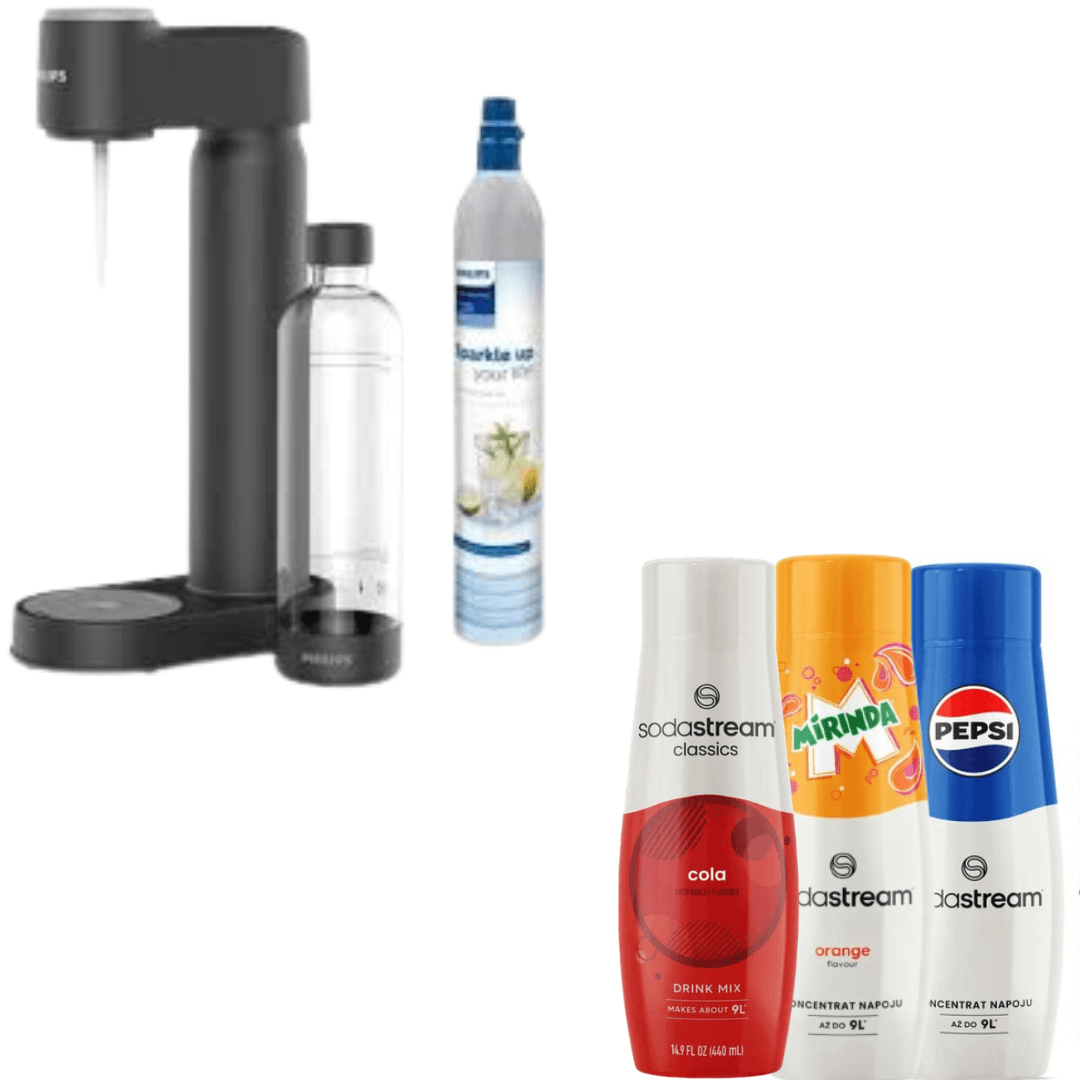 Philips výrobník sody, s CO2 kazetou, černý + SodaStream 3 x sirupy
