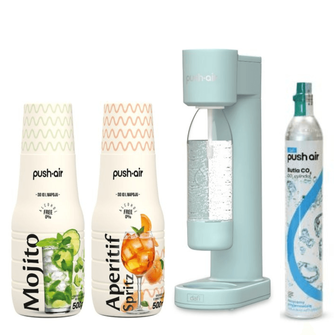 PUSHAIR Dafi saturátor na vodu mátový sifon + CO kazeta + láhev 0,7 + 2 sirupy