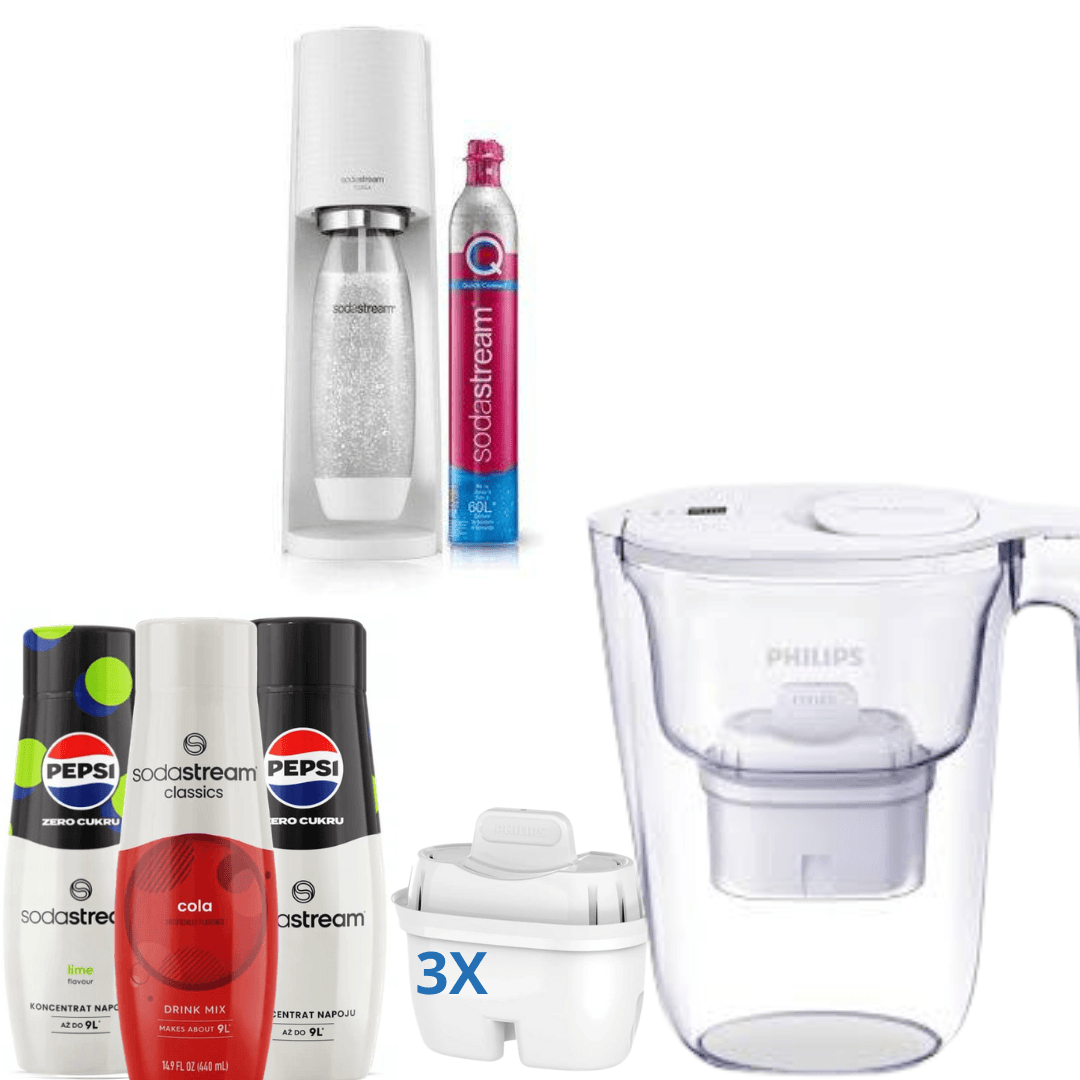3 sirupy +Výrobník sody Terra White +  filtrační džbán Philips