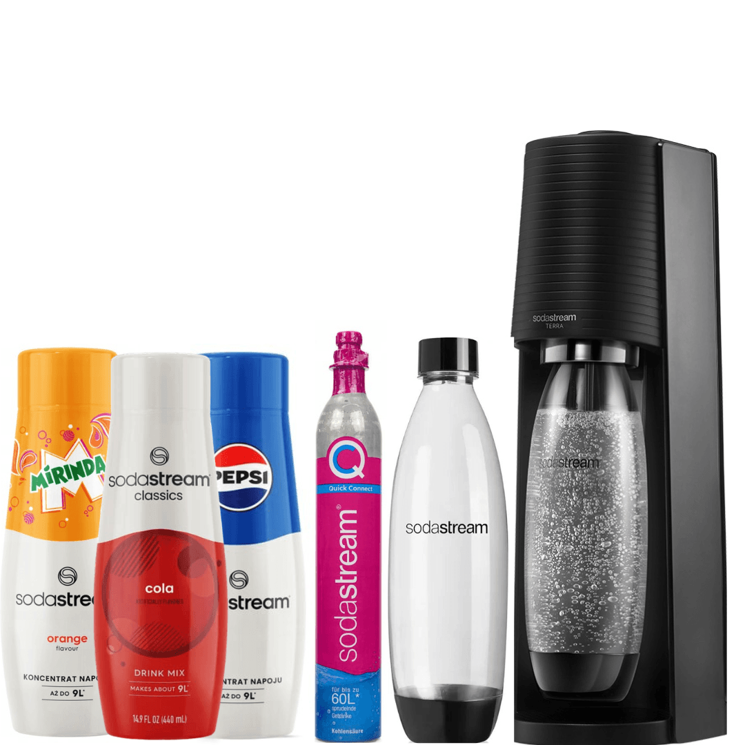 Sada SodaStream Saturátor Terra Černý + 2 Láhve Fuse 1L + 3x Sirupy