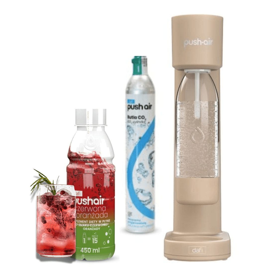 PUSHAIR Dafi saturátor vody cappuccino + CO2 kartuše + láhev 0,7 l + sirup červená oranžáda 450 ml