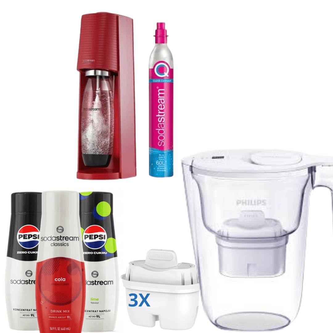 Saturátor Terra Červený + 3 x Sirupy + Philips filtrační konvice na vodu