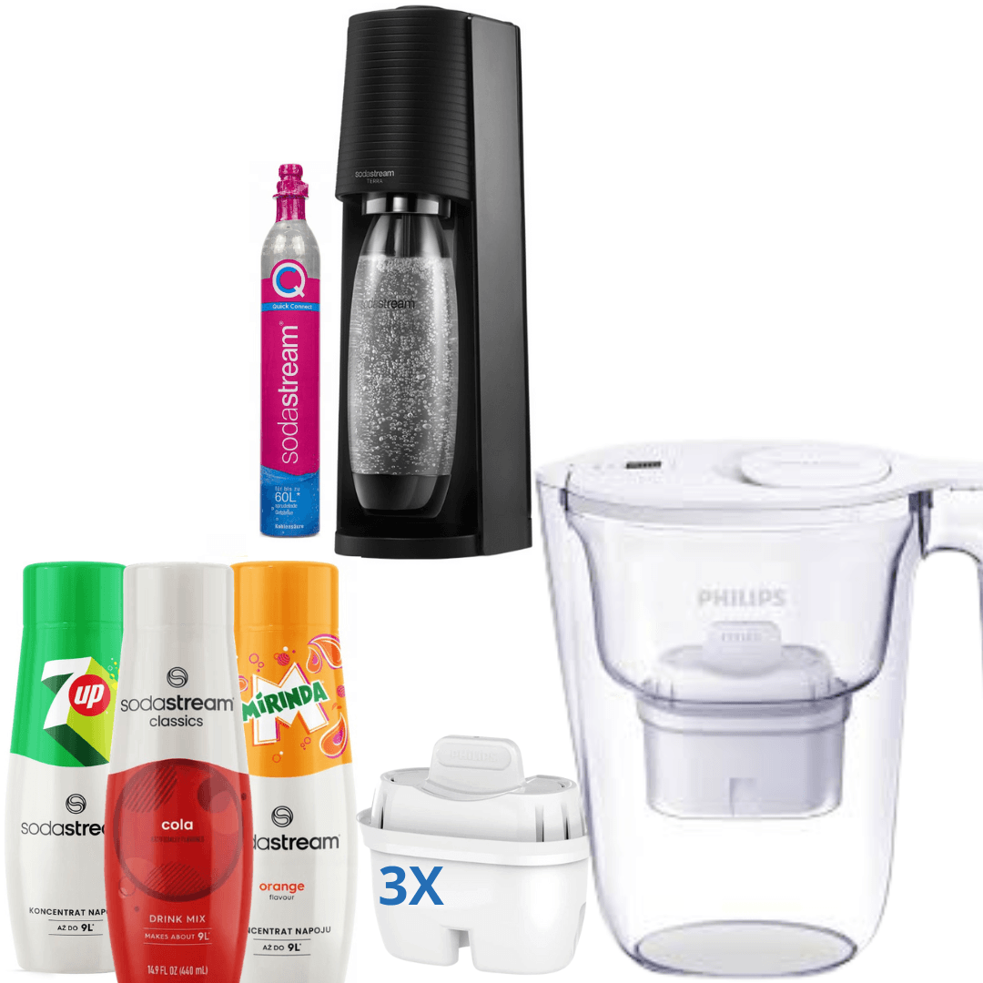 GAIA Černý výrobník sody + Filtrační konvice Philips na vodu 2,6L Bílá + 3x Sirupy