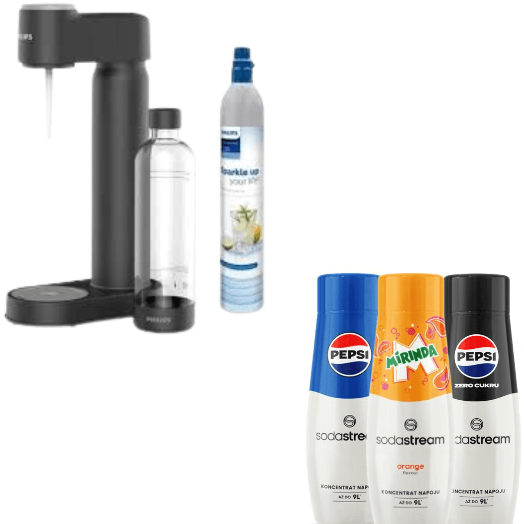 Philips výrobník sody, s CO2 kazetou, černý + 3 x sirupy SodaStream